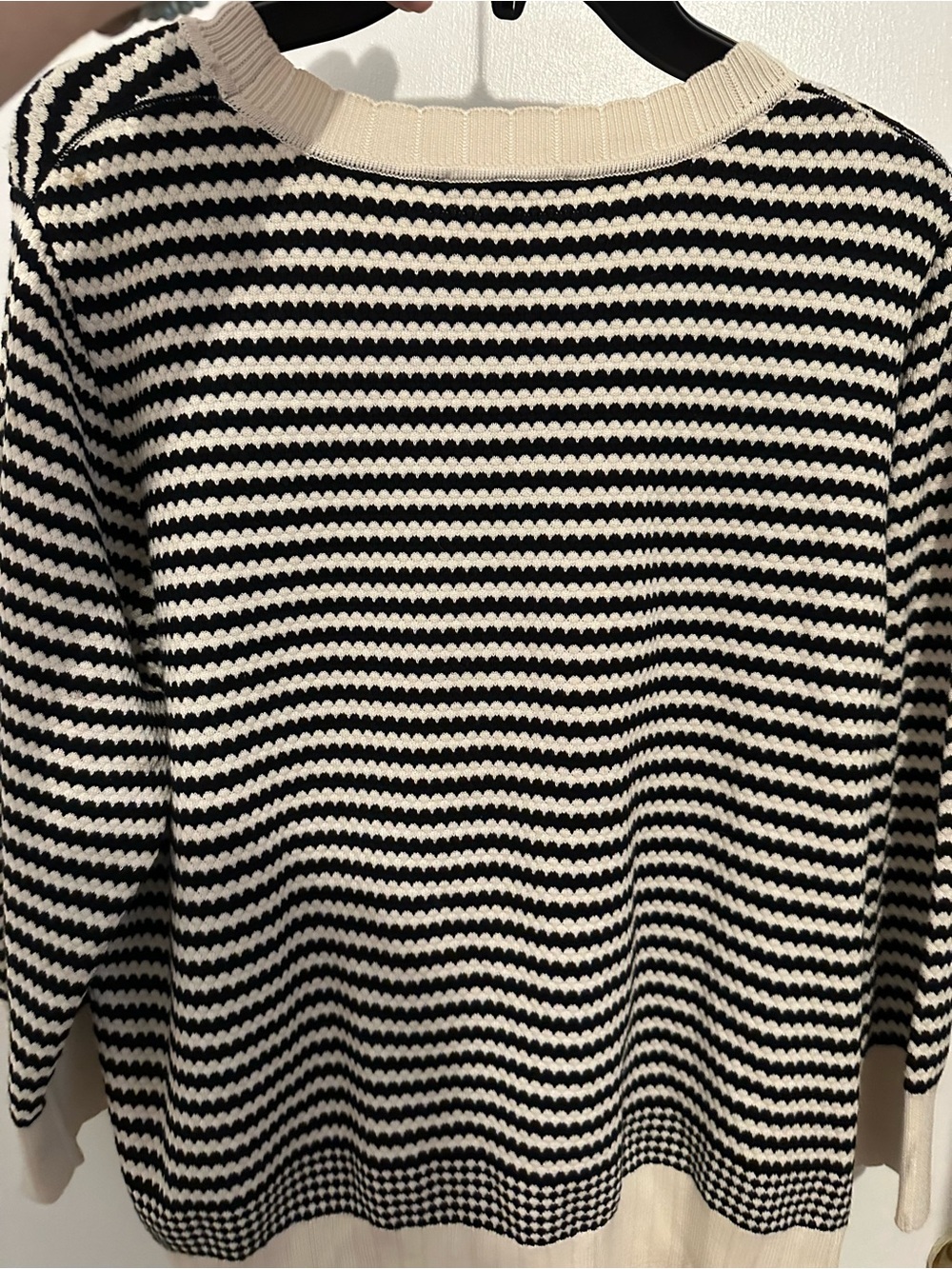 Adrianna Papell Black and Cream Striped Scallop-Hem Crewneck Sweater - Picture 6 of 6